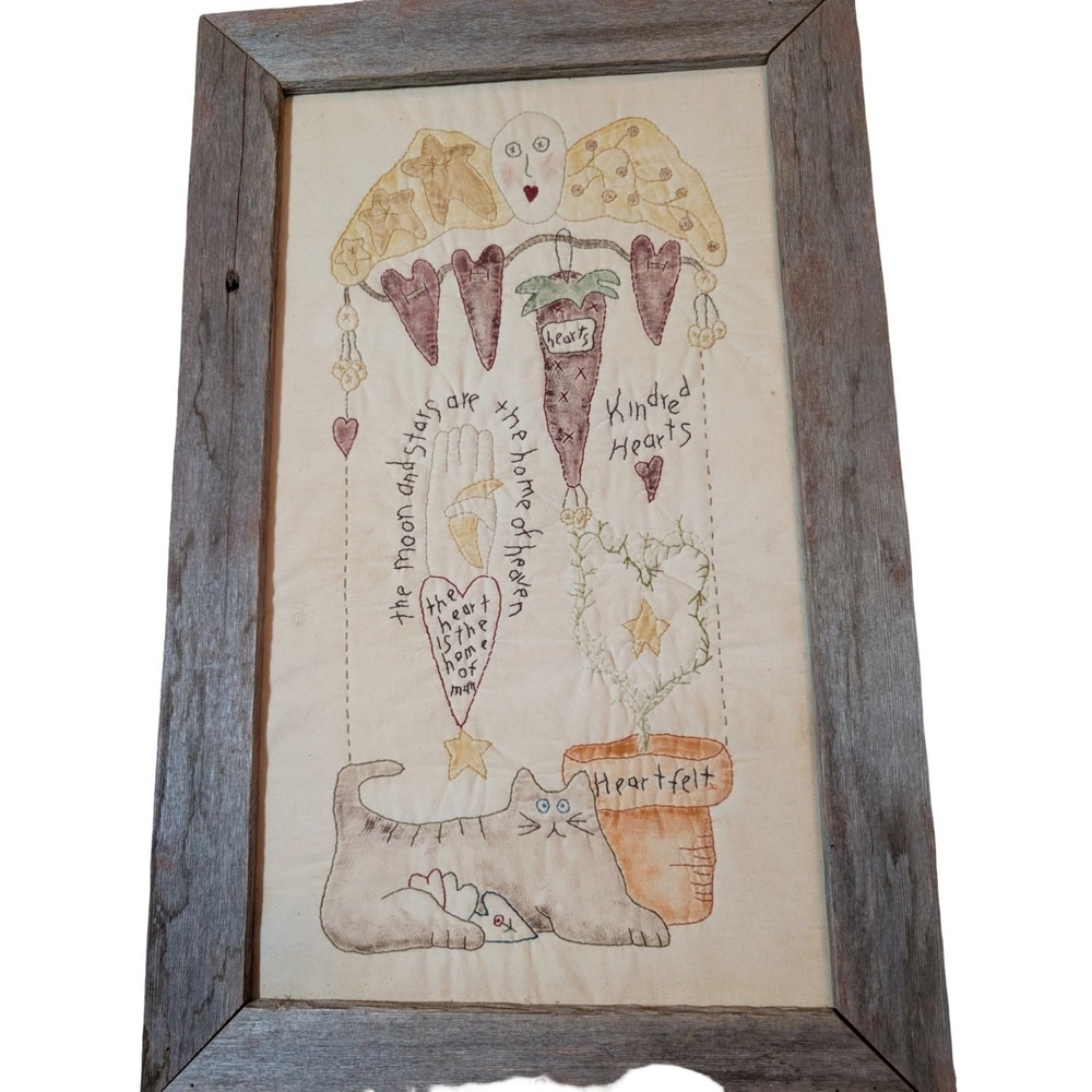 Primitive Folk Art Embroidery Framed Cat Moon Stars Kindred Hearts Country Decor